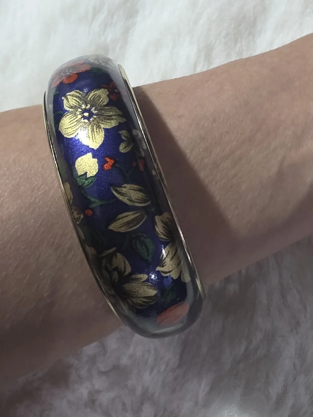 Blue and Gold Floral Cloisonné Bangle Bracelet. Vintage